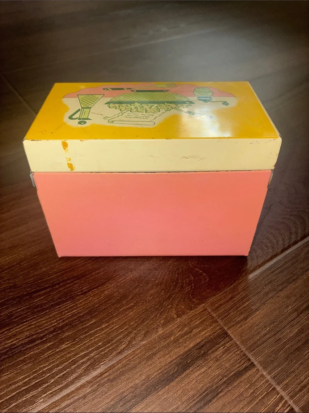 Vintage Recipes Tin Box Recipe Box Yellow Pink 50’s Retro VTG METAL OHIO ART USA